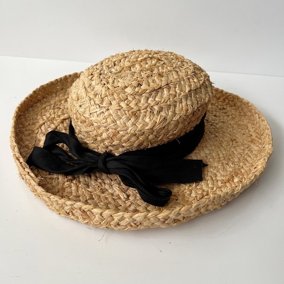 Straw 100% Rafia Straw Summer Woven Hat Black Bow Accent - Picture 2 of 8